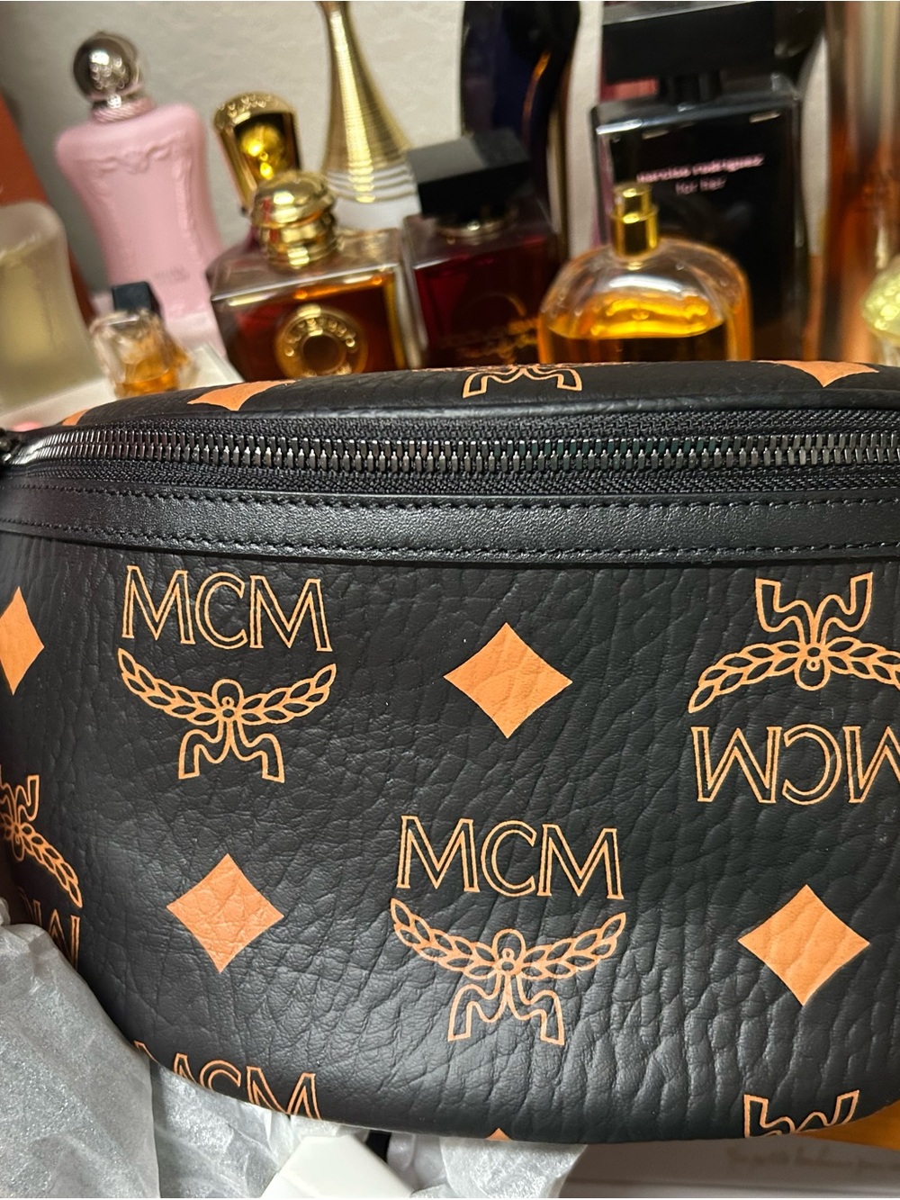 MCM Black & Orange Logo Leather Belt Bag